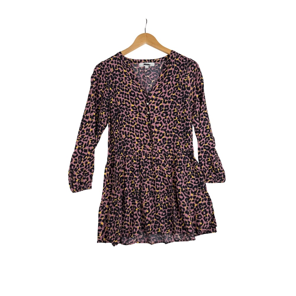Loft Animal Print Button Down Long Sleeve Mini Dress size XS Petite Pink/Black
